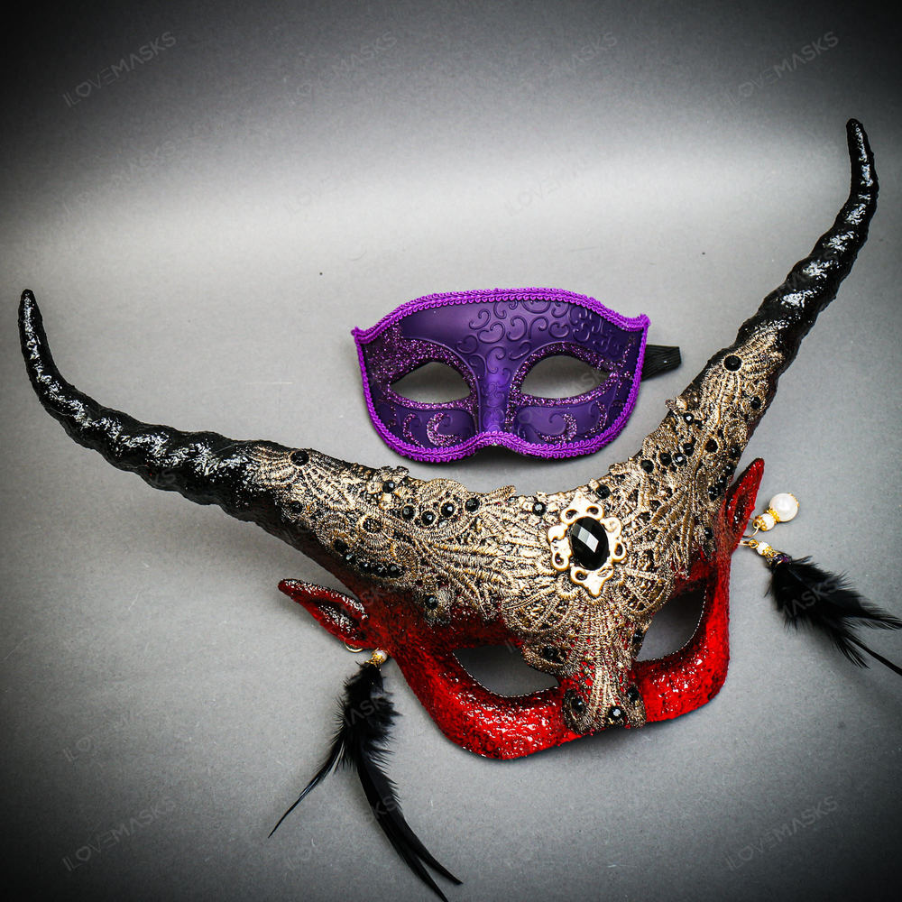 Purple Venetian Classic Eye w/ Long Horns Fairy Devil Red Eye Mask Couple Mask